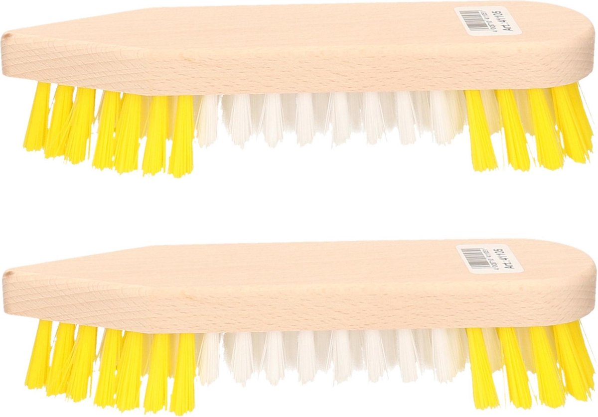 Set van 2x stuks schrobborstel hout met baard en spitse neus geel/wit - Schoonmaakartikelen/schoonmaakborstels