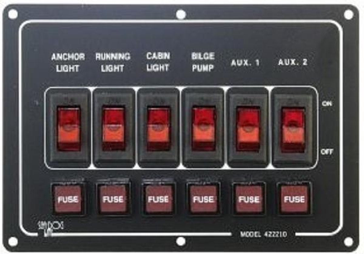 Horizontaal schakelpaneel 12 V met 6 schakelaars
