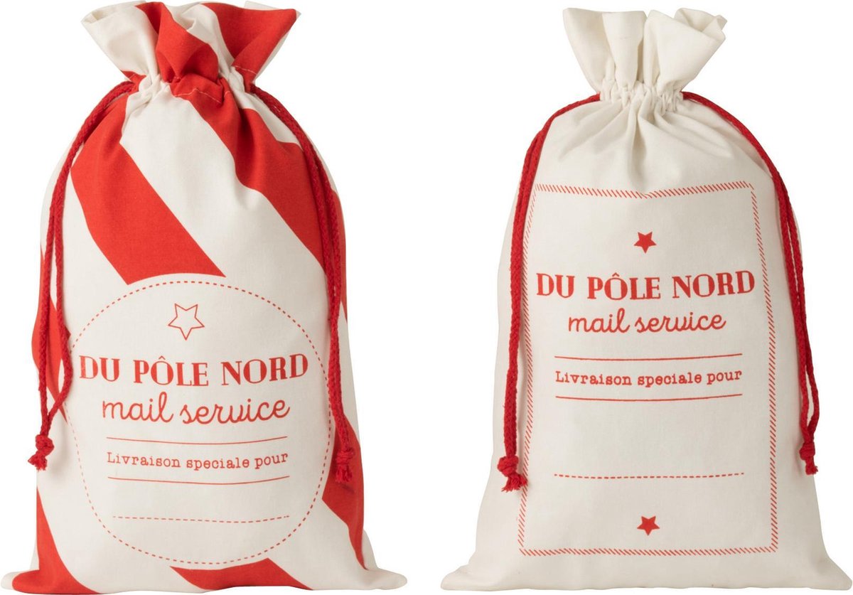 J-Line Zak Kerst Frans Katoen Wit/Rood Medium Set van 6 stuks
