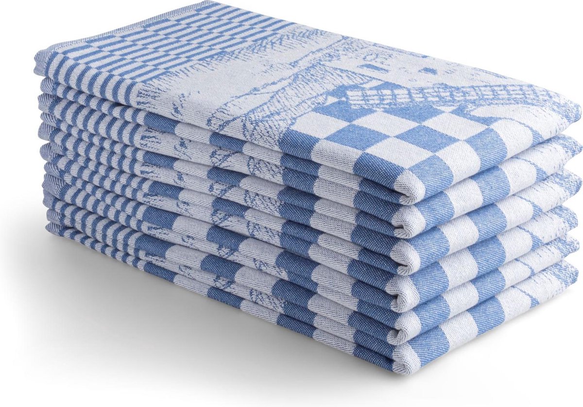 Seashell Oerhollands Theedoeken Set - 6 Theedoeken - Blauw molen patroon - 65x65cm