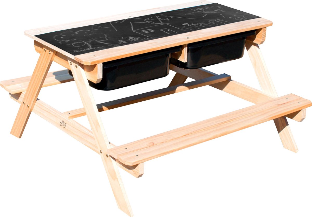 Sunny Dual Top 2.0 Zand & Water Picknicktafel - FSC Hout - Krijtbord en 2 zwarte bakken