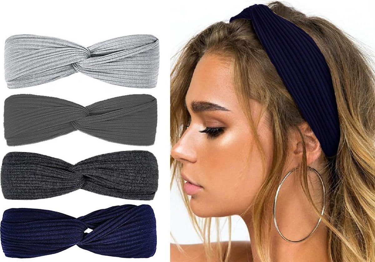 LIXINN®Set van 4 stuks - Gebreide dames haarbanden - Kleur 5  - Knoop cross knitted haarbanden - Dames - Haarband volwassenen - Elastisch antislip - Vrouwen - Meisjes - Yoga - Haaraccessoires