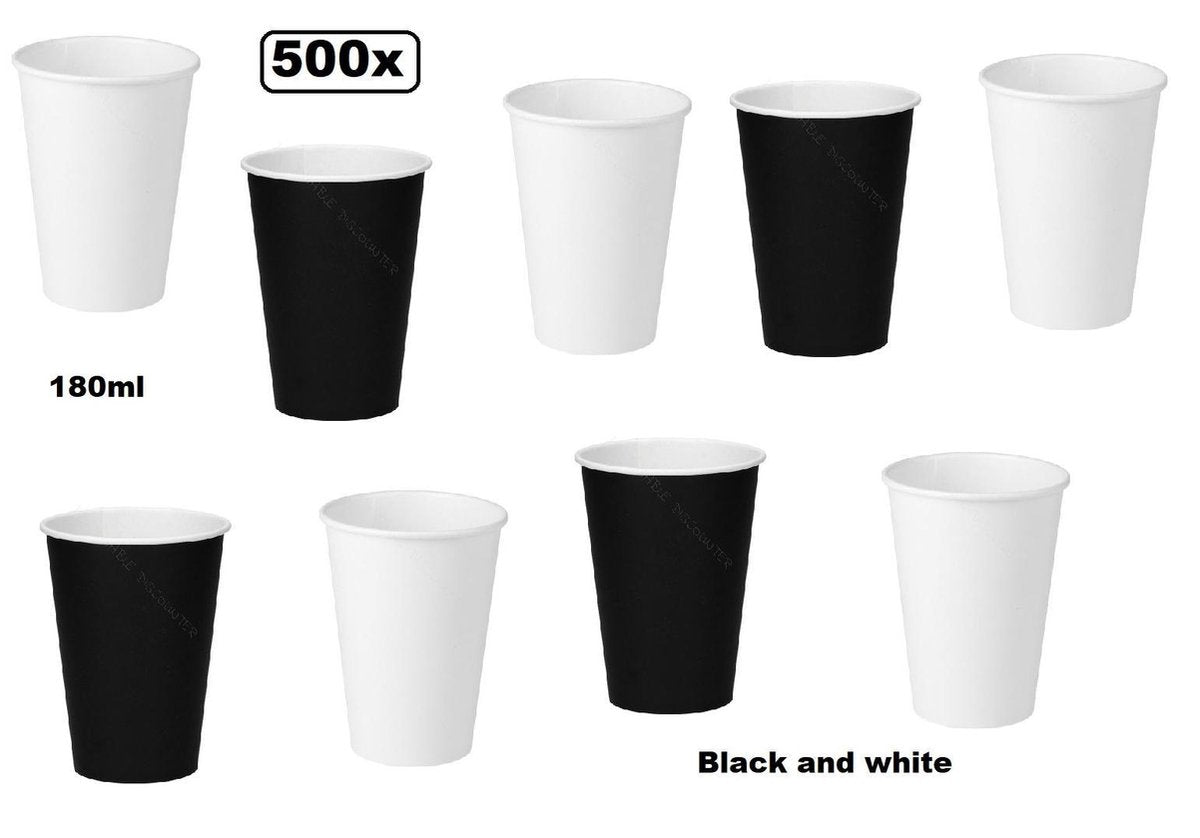 500x Koffiebeker karton zwart en wit 180ml - Next generation Black and white roer staafjes koffie beker melk suiker hout festival thema feest verjaardag werk lepel