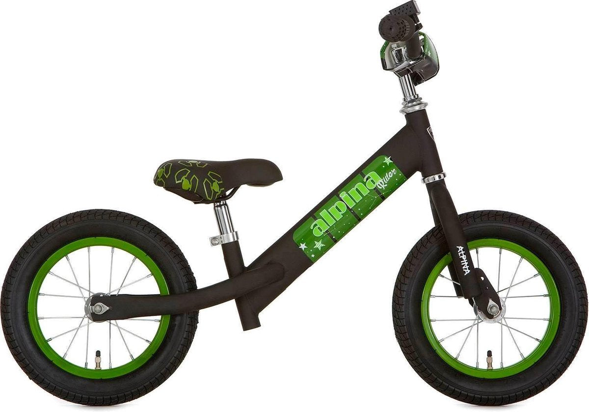 Alpina loopfiets - jongens - 12 inch - mat zwart met groene accenten
