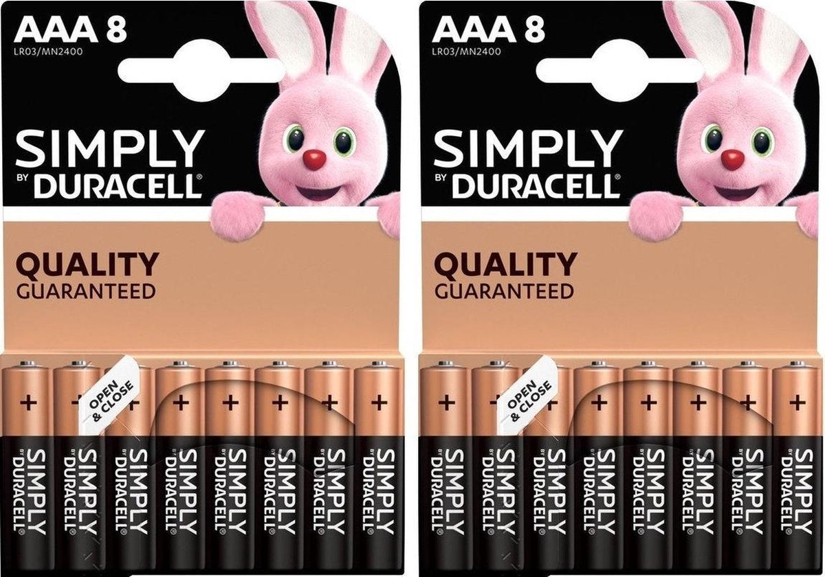 Set van 16x Duracell AAA Simply batterijen 1.5 V - alkaline - LR03 MN2400 - Batterijen pack