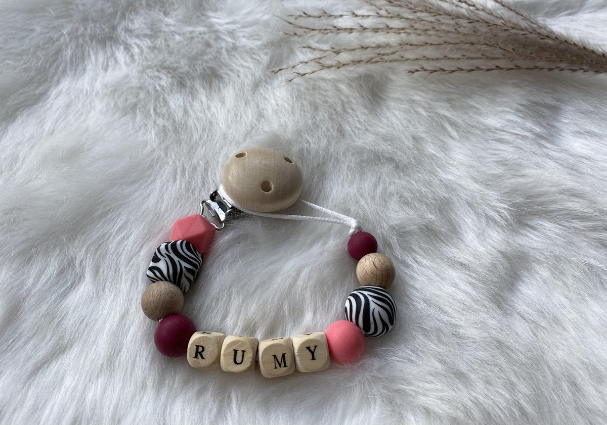 SIIDDS Speenkoord met naam (gepersonaliseerd) zebra/ flamingo roze met houten letterkralen - uniek