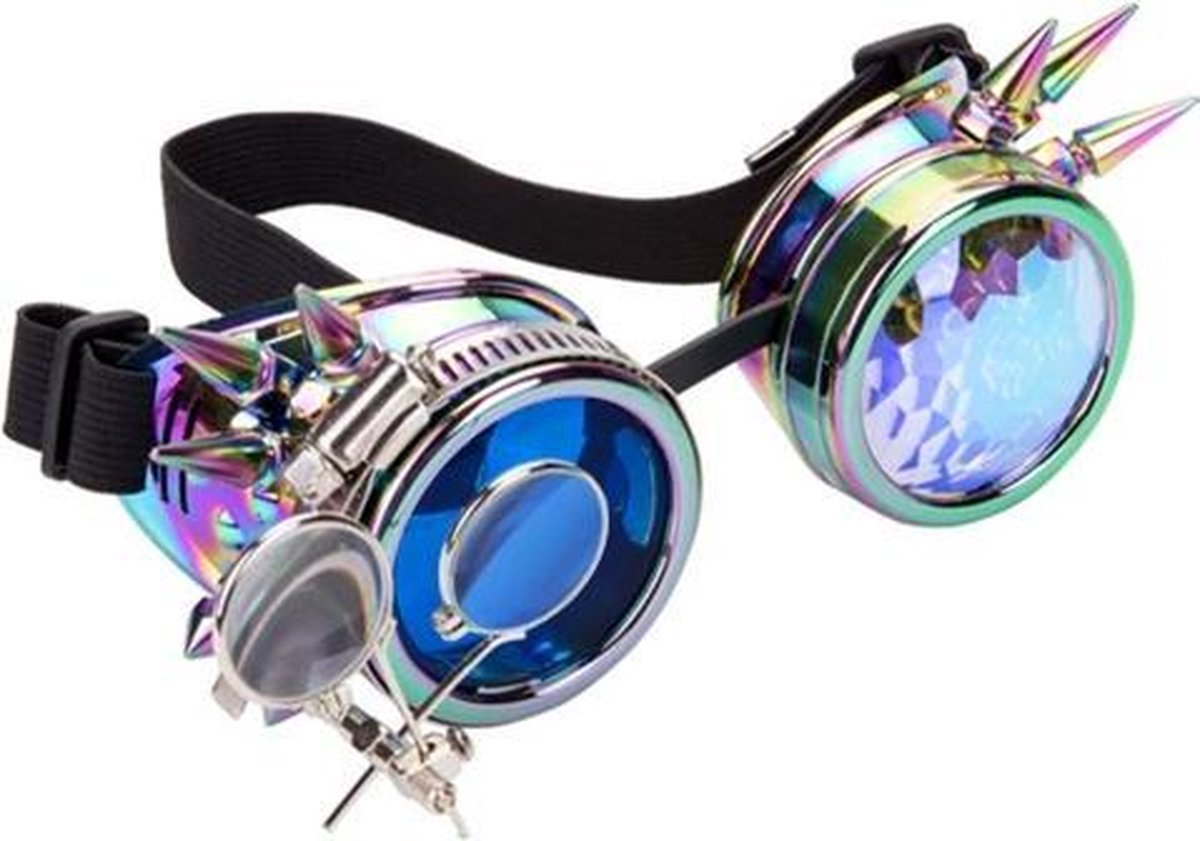Steampunk bril goggles caleidoscoop oliekleurig spikes en vergrootglas