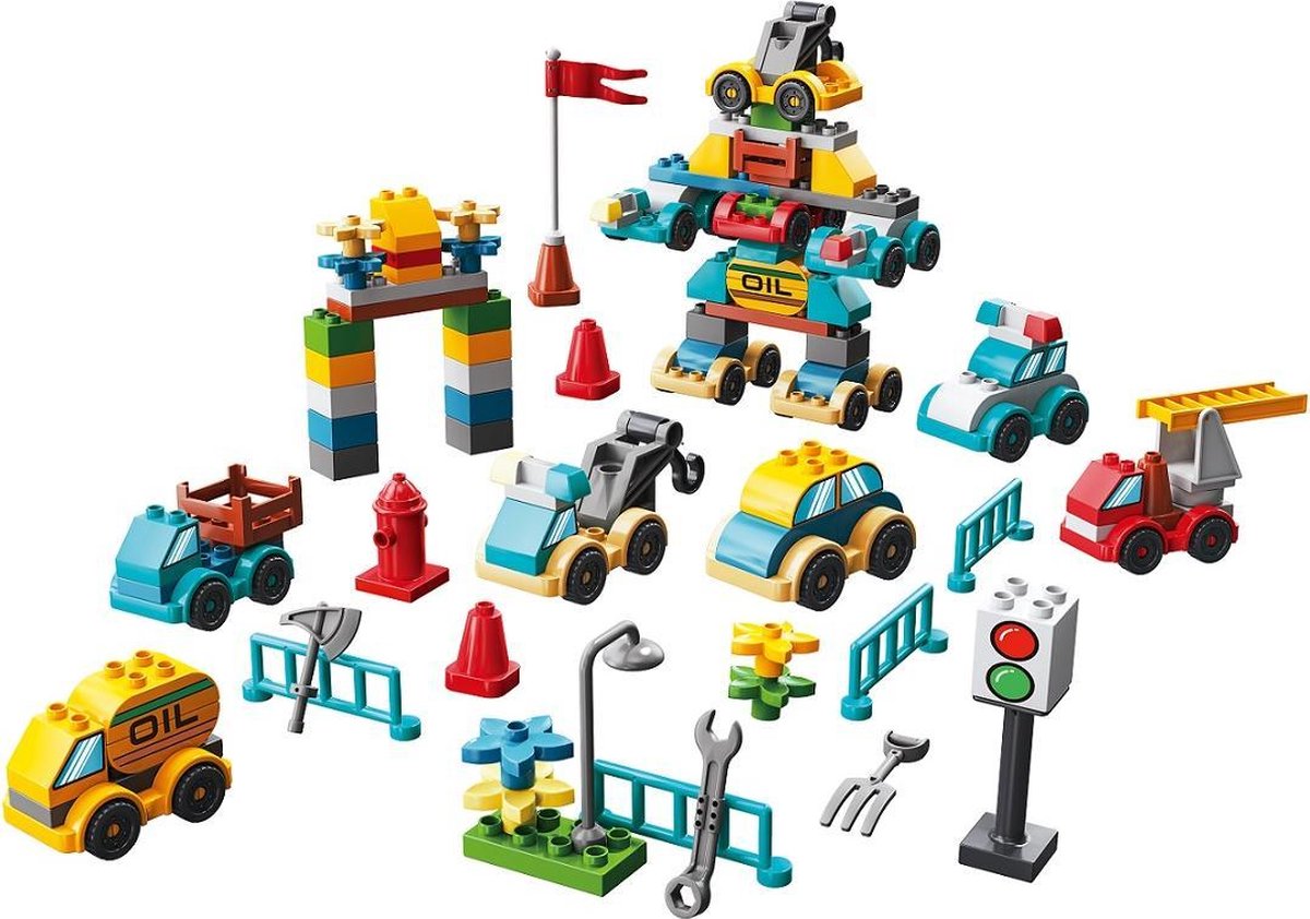 Bouwblokken 104 delig - Mijn Eerste Auto Creaties  - Voordeelverpakking GROTE VOERTUIGEN - Bouwstenen compatibel met Duplo