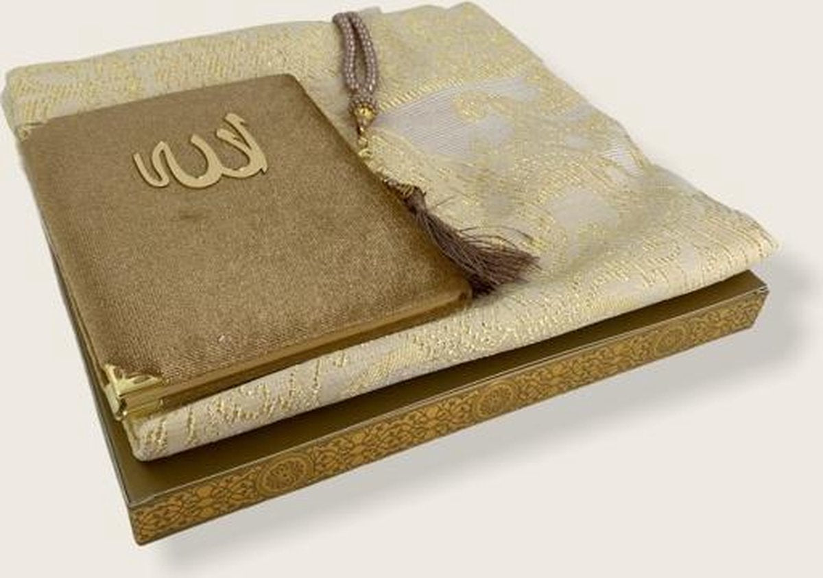 Fluwelen Yasin Mushaf boekje met gebedskleed en Tasbeeh Goud