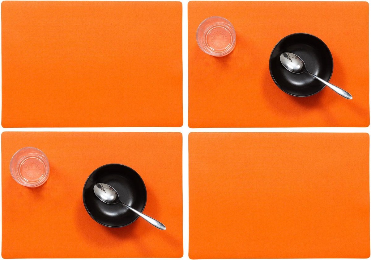 Set van 12x stuks stevige luxe Tafel placemats Plain oranje 30 x 43 cm - Met anti slip laag en Teflon coating toplaag