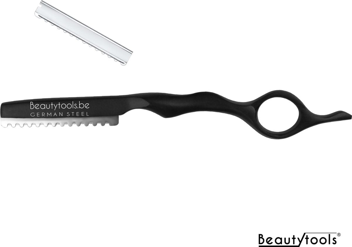 BeautyTools Pro Matte Black Kappersmes/Feather Mes - Uitdunmes - Effileermes Voor Dik Haar - (incl. 2 Feathermesjes) - (SR-1239) FB