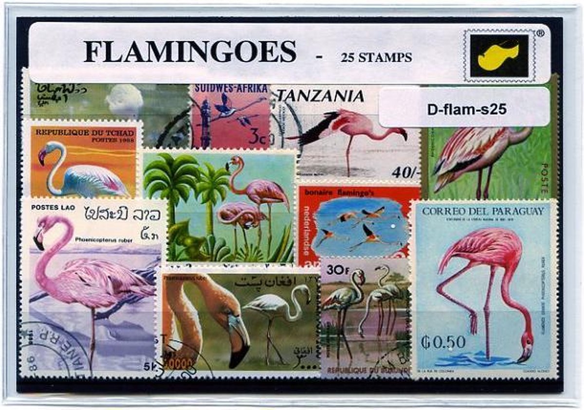 Flamingo's – Luxe postzegel pakket (A6 formaat) : collectie van 25 verschillende postzegels van flamingo's – kan als ansichtkaart in een A6 envelop - authentiek cadeau - kado tip - geschenk - kaart - vogel - waadvogels - steltpoten - roze - 1 poot