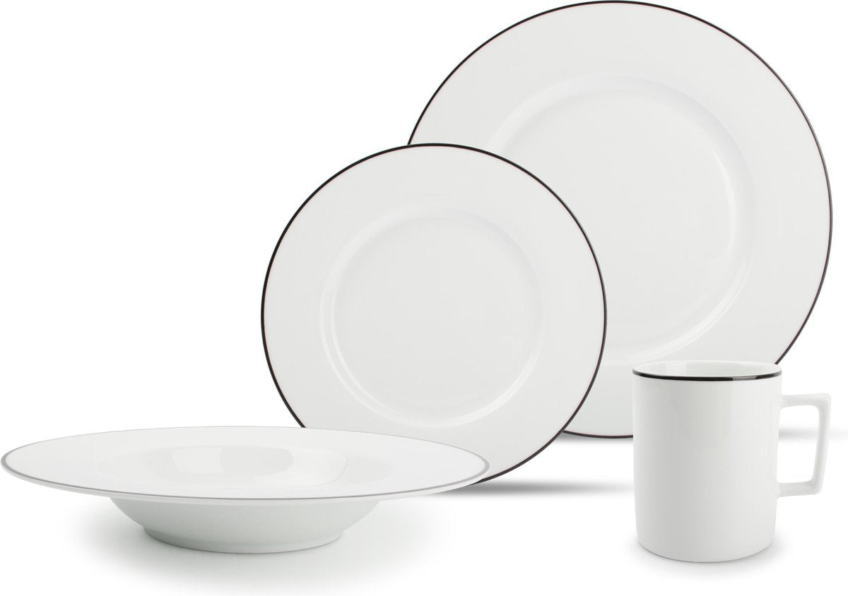 Salt&Pepper Contour Servies Set - 16 Delig - 	Porselein - Wit/Zwart