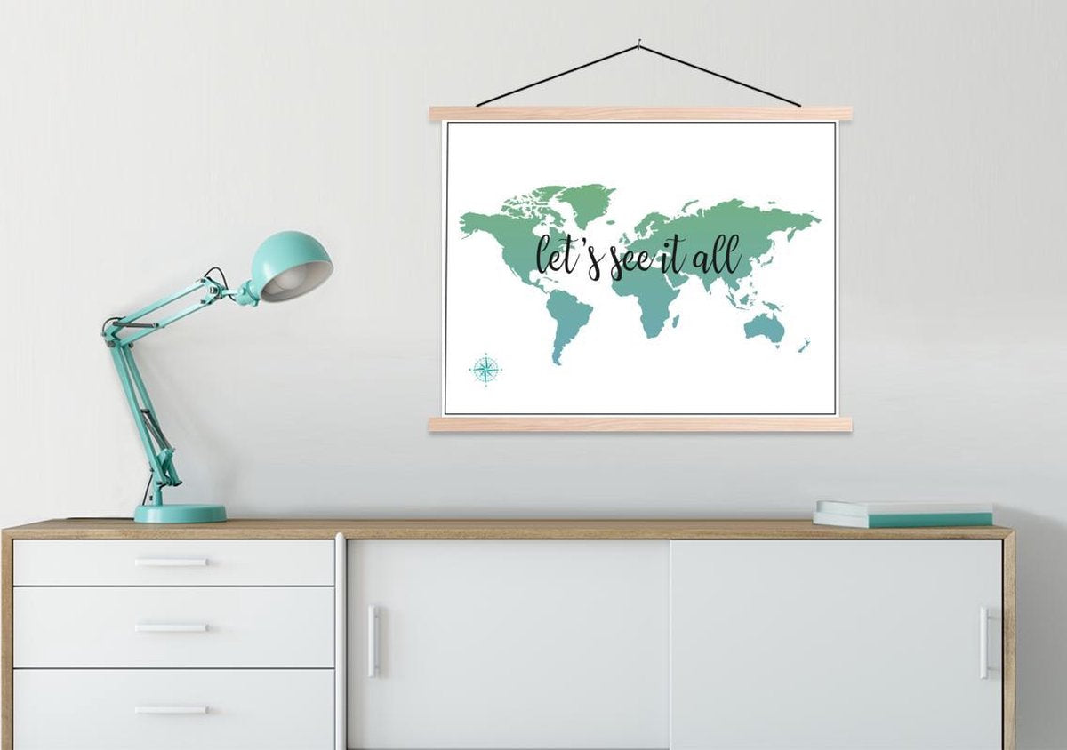 Wereldkaart - Groen - Quote schoolplaat platte latten blank