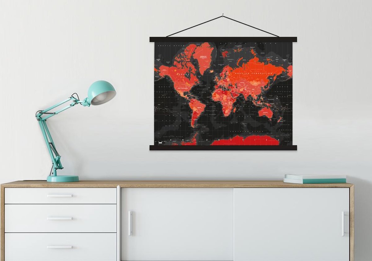 Wereldkaart - Rood - Zwart schoolplaat platte latten zwart