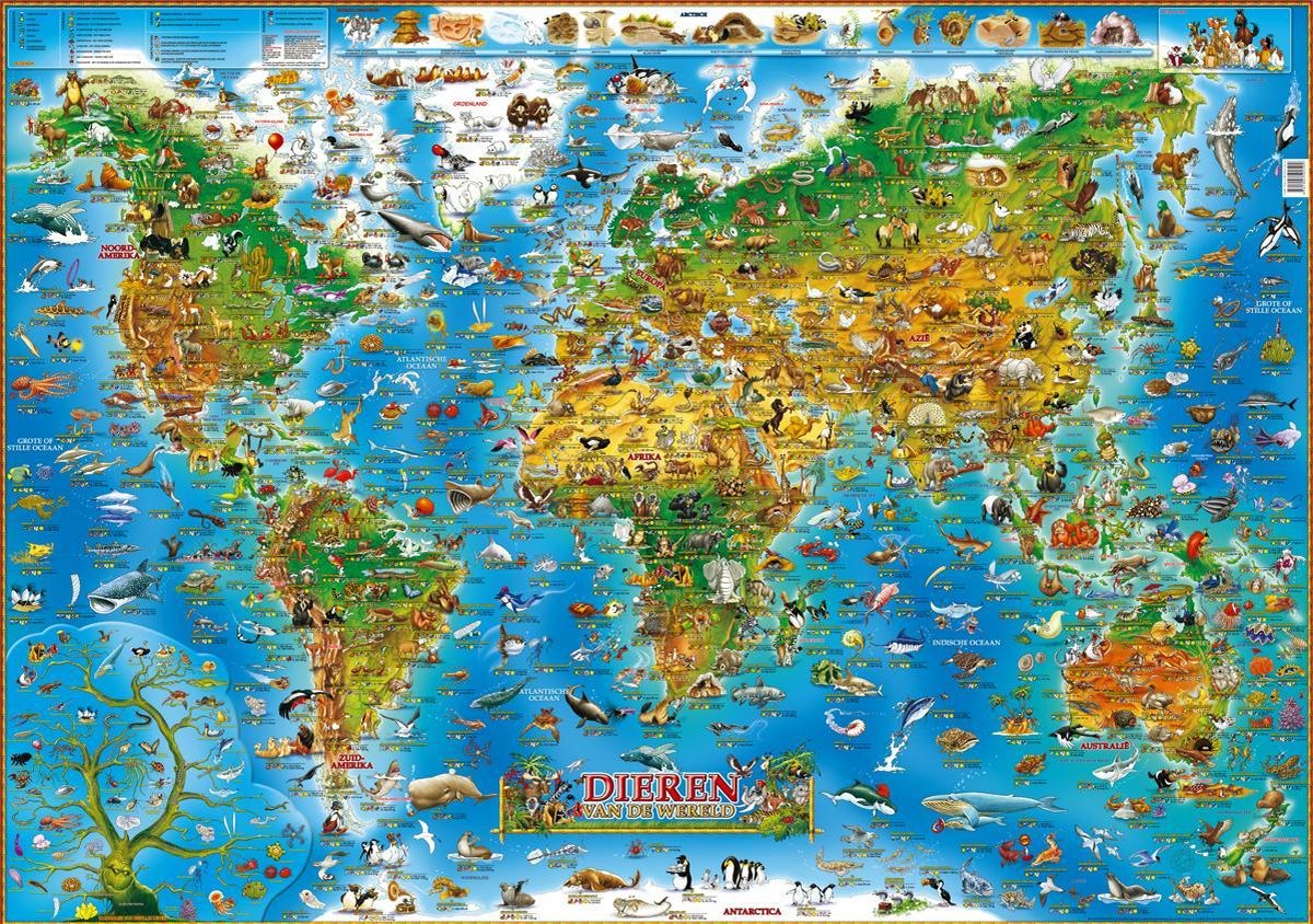 Kinderwereldkaart Dieren van de wereld 140 x 100 cm