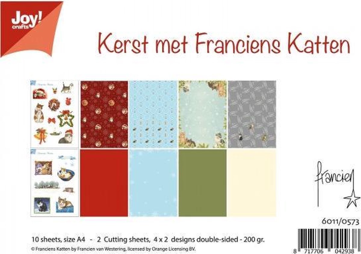 Joy Crafts Papierset Kerst met Franciens Katten A4 - 10 vellen waarvan 2 knipvellen - 2x4 designs dubbelzijdig / Hobbypapier om kaarten mee te maken