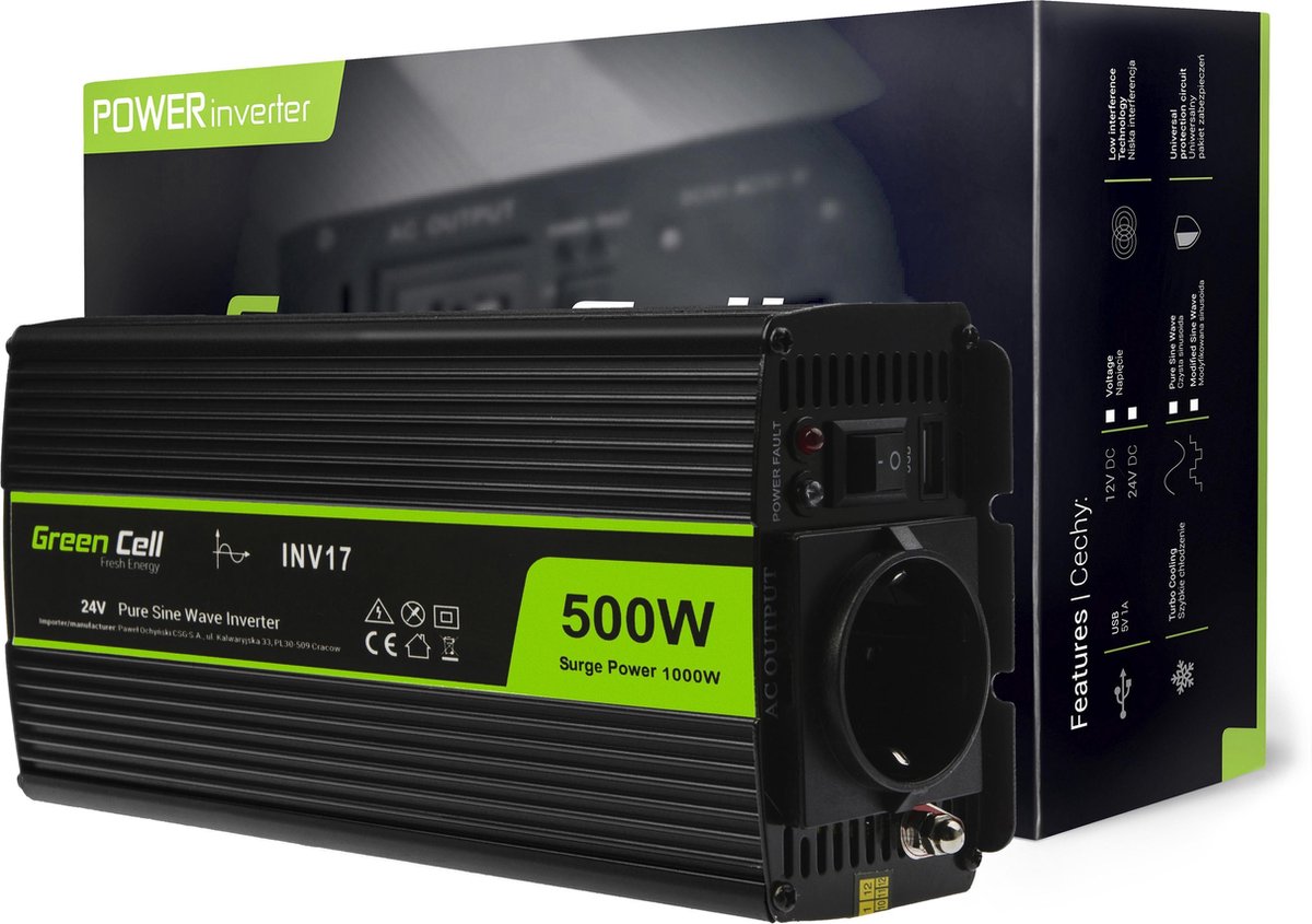1000W (500W continu) DC 24V naar AC 230V met USB Stroom Inverter Converter - Pure/Full Sine Wave