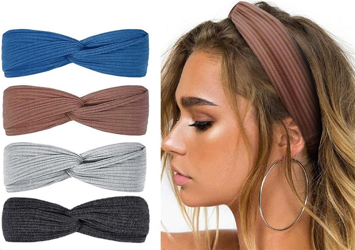 LIXINN®Set van 4 stuks - Gebreide dames haarbanden - Kleur 1  - Knoop cross knitted haarbanden - Dames - Haarband volwassenen - Elastisch antislip - Vrouwen - Meisjes - Yoga - Haaraccessoires