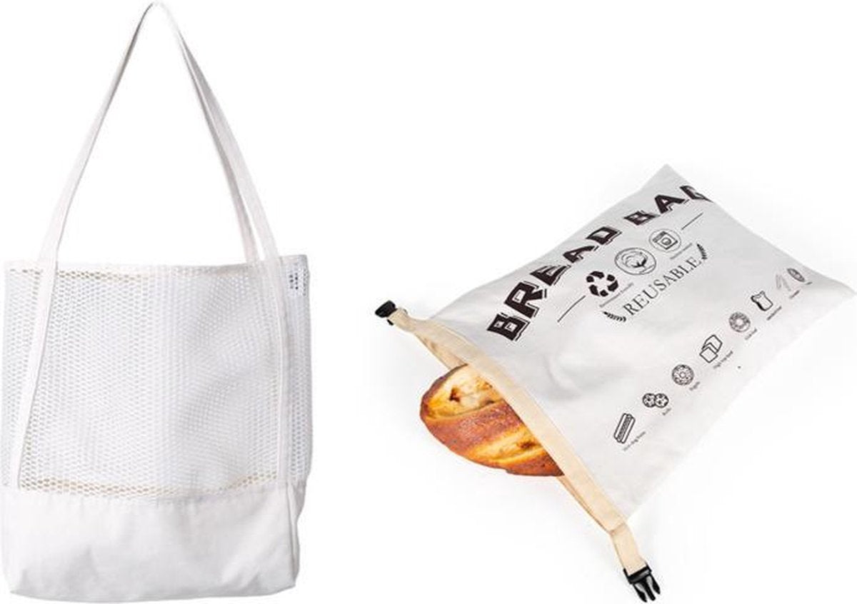 2Delig: Duurzaam Hergebruik Packaging - 1x Grote Witte Katoen Tas + 1x BroodZak met TPU Binnenkant-Mileuvriendelijk Tas-Herbruikbare Boodschappen Tas