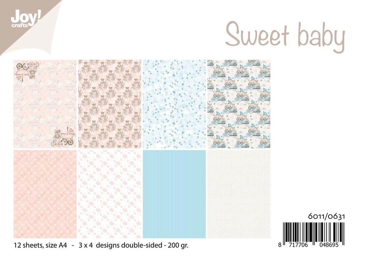 Joy!Crafts • Papierset A4 12 vel design Sweet baby / Hobbypapier Thema baby jongen en meisje 200g/m2  om kaarten mee te maken
