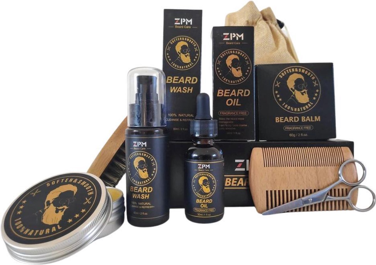 Baardverzorgingset |7 delig| Baardolie+ Baardbalsem + Baardshampoo + Baardkam + Baardborstel +Baardschaar+ Opbergtas| Giftset (Geschenkset)|Baardgroei kit|Baardset| |100 % naturel| Baard verzorging set