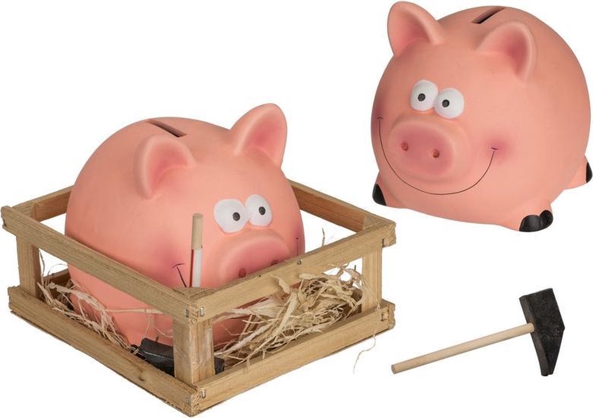 Set van 2x Spaarvarkens met hamer in kistje - 14 x 12 cm - Keramiek  - Spaarpot met hamertje