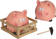 Set van 2x Spaarvarkens met hamer in kistje - 14 x 12 cm - Keramiek  - Spaarpot met hamertje