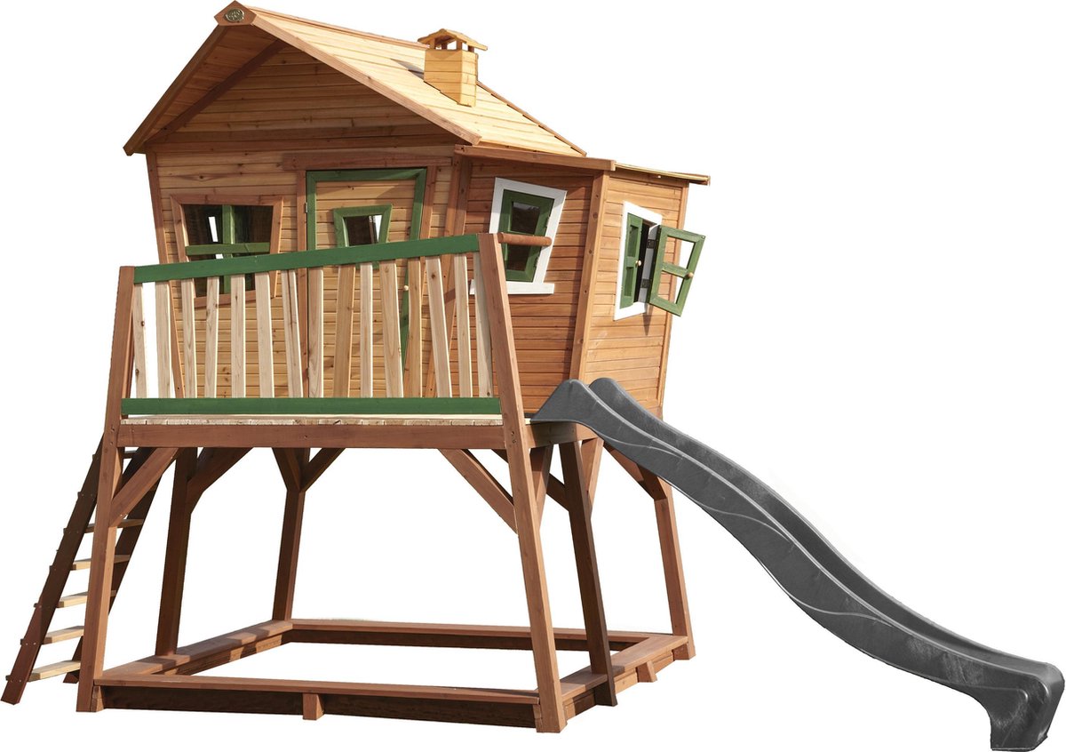 AXI Max Speelhuis Bruin/groen - FSC - Platform 118 cm - Zandbak incl. hoes - Grijze glijbaan