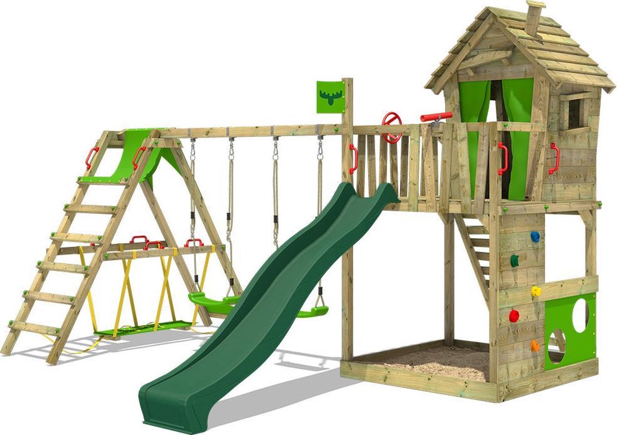 FATMOOSE Speeltoestel voor tuin HappyHome met schommel SurfSwing en groene glijbaan