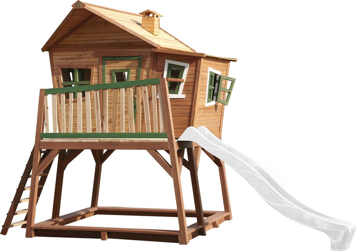 AXI Max Speelhuis Bruin/groen - FSC - Platform 118 cm - Zandbak incl. hoes - Witte glijbaan