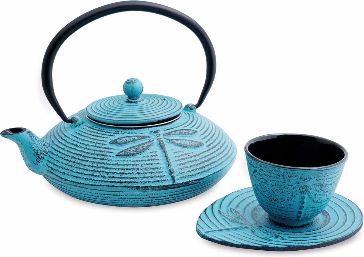 Theepot - Gietijzer theepot + kopje met onderzetter - Gietijzeren theepot - Dragonfly - 800 ml - Turquoise