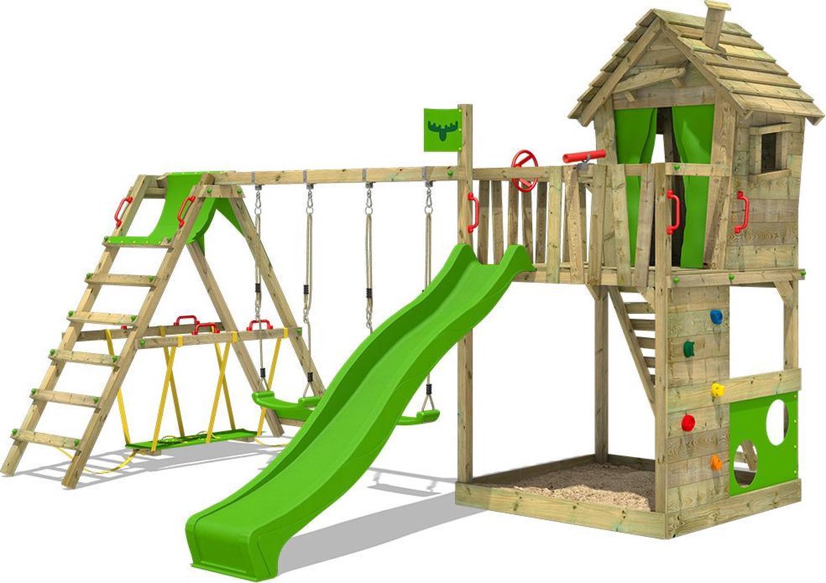 FATMOOSE Speeltoestel voor tuin HappyHome met schommel SurfSwing en appelgroene glijbaan