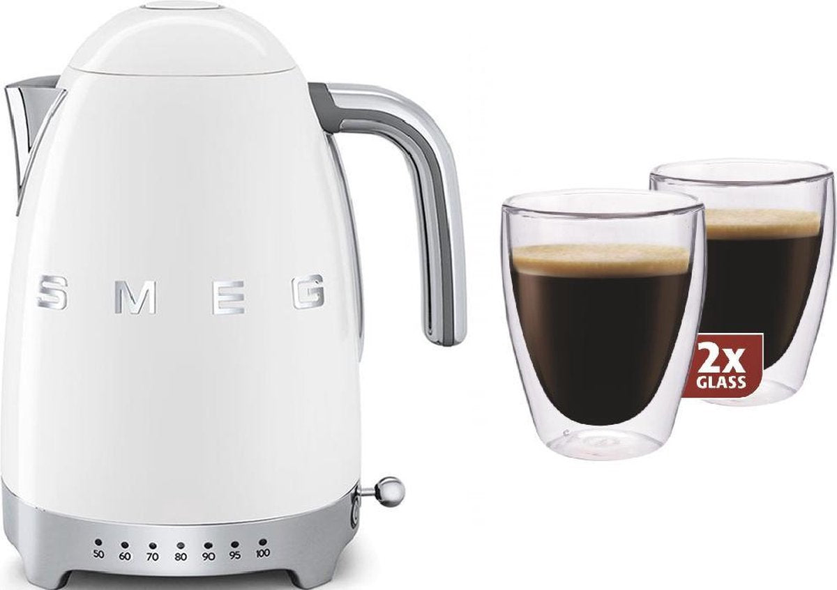 Smeg regelbare waterkoker KLF04WHEU - wit + Maxxo dubbelwandige glazen - 2 stuks