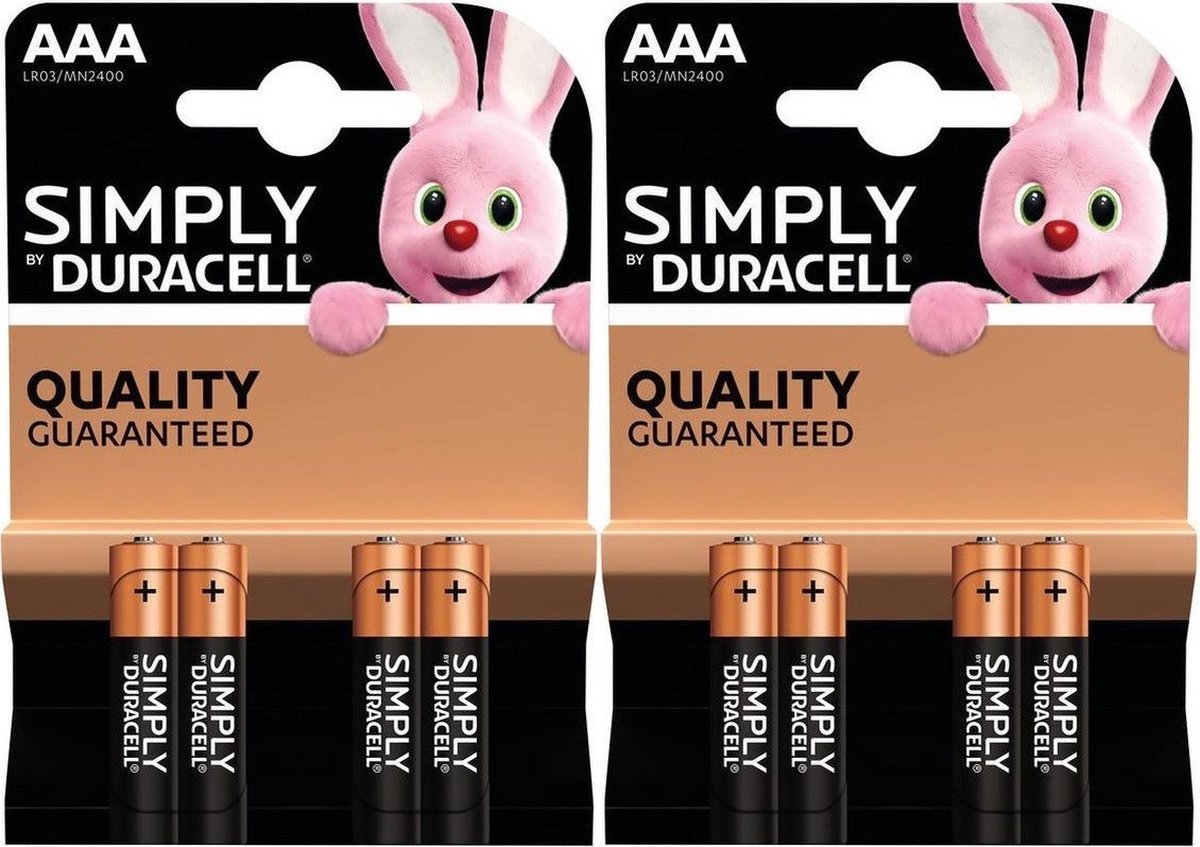 Set van 8x Duracell AAA Simply batterijen 1.5 V - alkaline - LR03 MN2400 - Batterijen pack