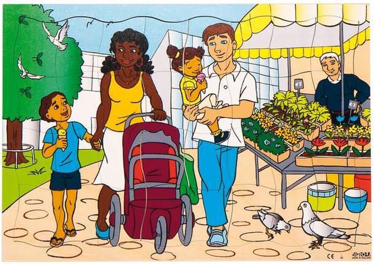 Puzzel Familie op de markt - kinderpuzzel (40 x 28 cm) - voor kinderen vanaf 3 jaar - 32 stukjes