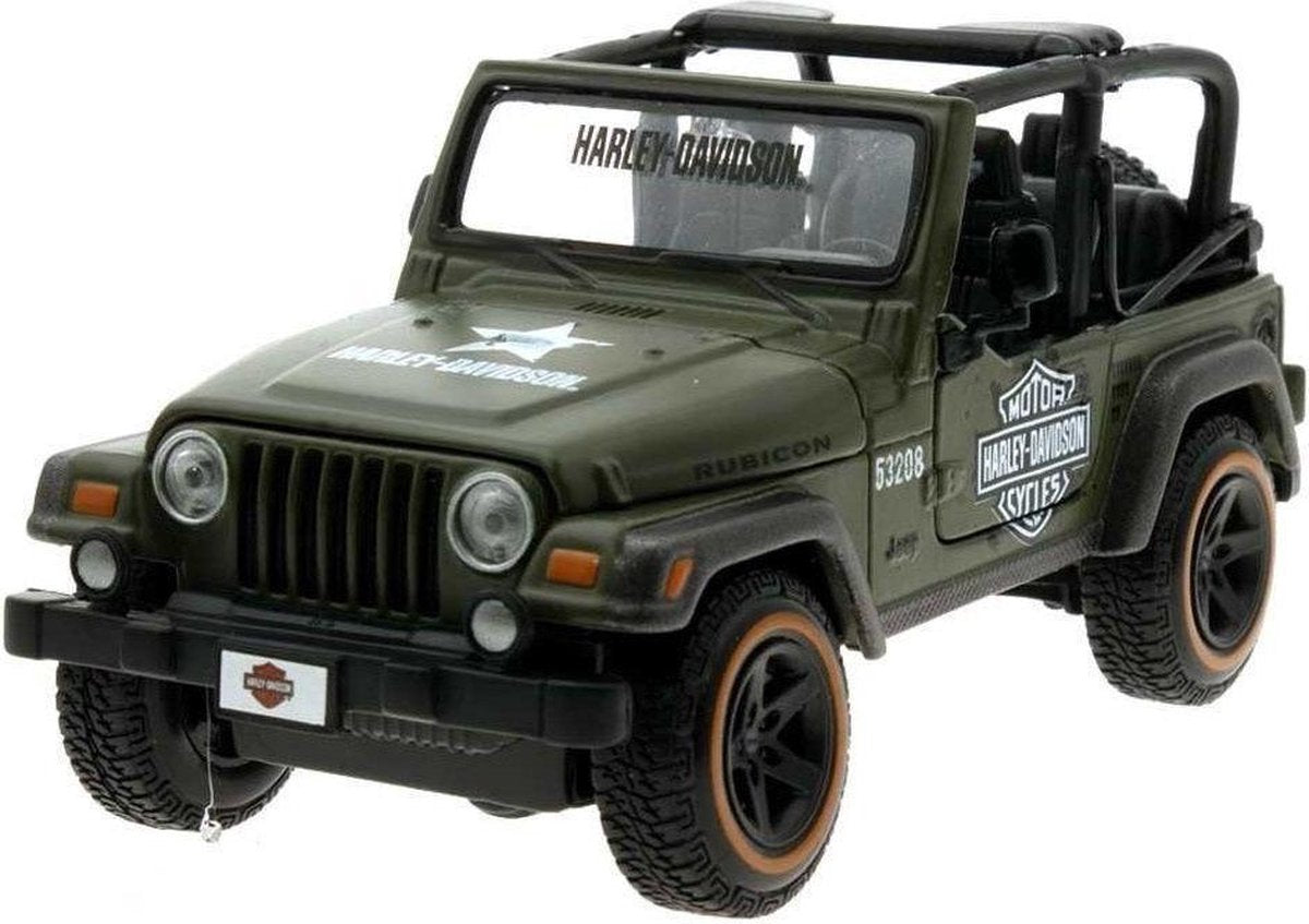Jeep Wrangler Rubicon Harley Davidson (Mat Groen) (17cm) 1/27 Maisto - Modelauto - Schaalmodel - Model auto - Miniatuurautos - Miniatuur auto
