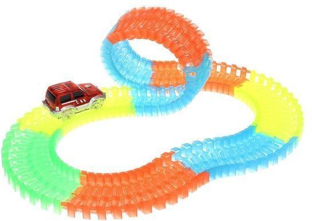 Racebaan "Glow in the dark" - Felxibele racebaan inlc auto - Bestaat uit 220 Onderdelen.