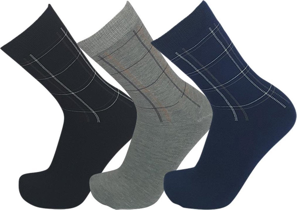 Set Saffiro herensokken met een gestreept patroon 39/42 - Katoen - 3 paar - lichtgrijs + blauw + zwart