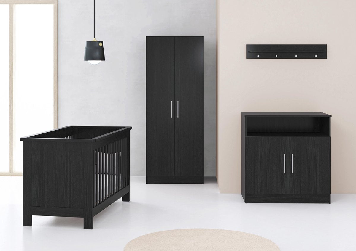 Cabino Babykamer Tucson - Babybed & Commode & Kledingkast - Verstelbare bodem - Zwart