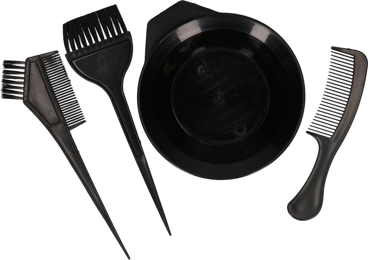 Haarverfset 8 delig 2 x verfbakje 6 cm hoog 14 cm rond  2 x kam 2x verfkwast 2 x kamverfkwast