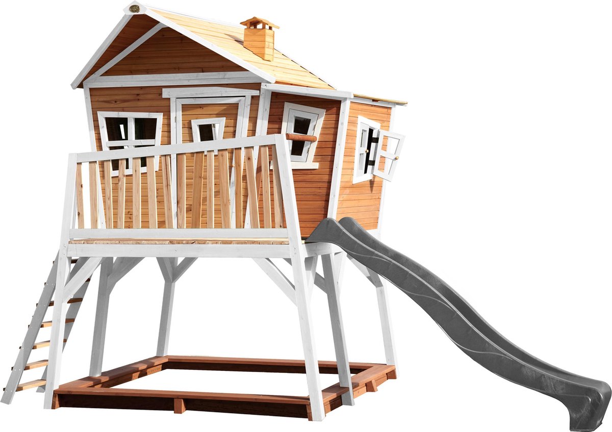 AXI Max Speelhuis Bruin/wit - FSC - Platform 118 cm - Zandbak incl. hoes - Grijze glijbaan