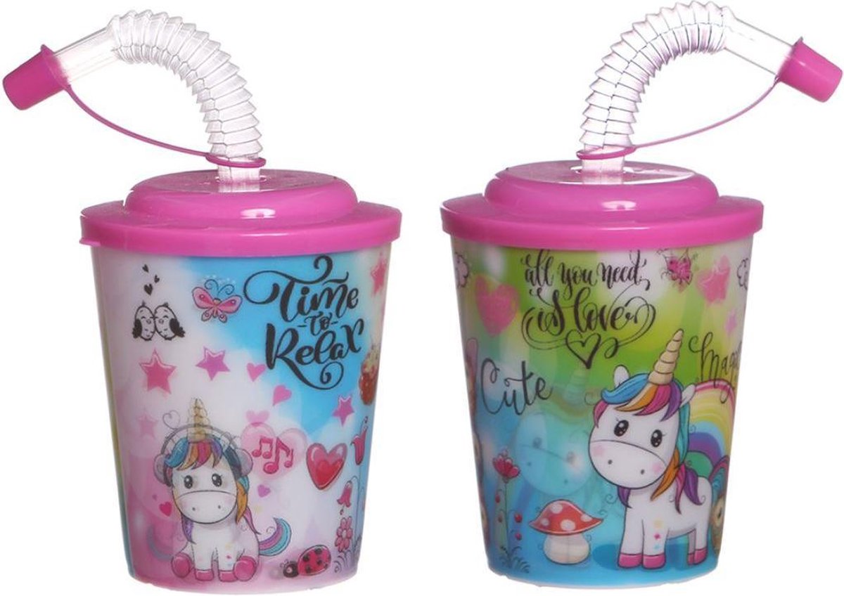4 stuks 3D bekers Girls unicorn - uiltjes met deksel en rietje