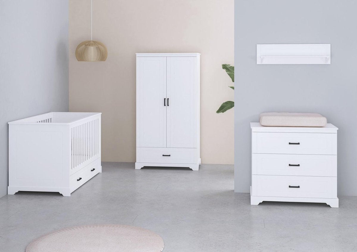 Cabino Babykamer Malibu - Babybed 70x140 cm & Commode & Kledingkast - Verstelbare bodem -3 delig - Wit