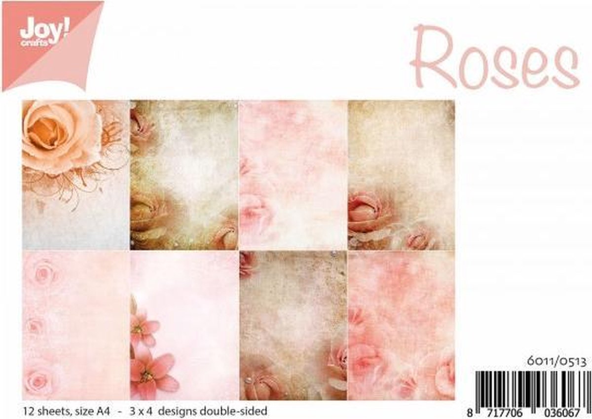 Joy!Crafts • Papierset  Rozen A4 - 4x3 vel  - dubbelzijdig - 200 gr. Hobbypapier  om kaarten mee te maken