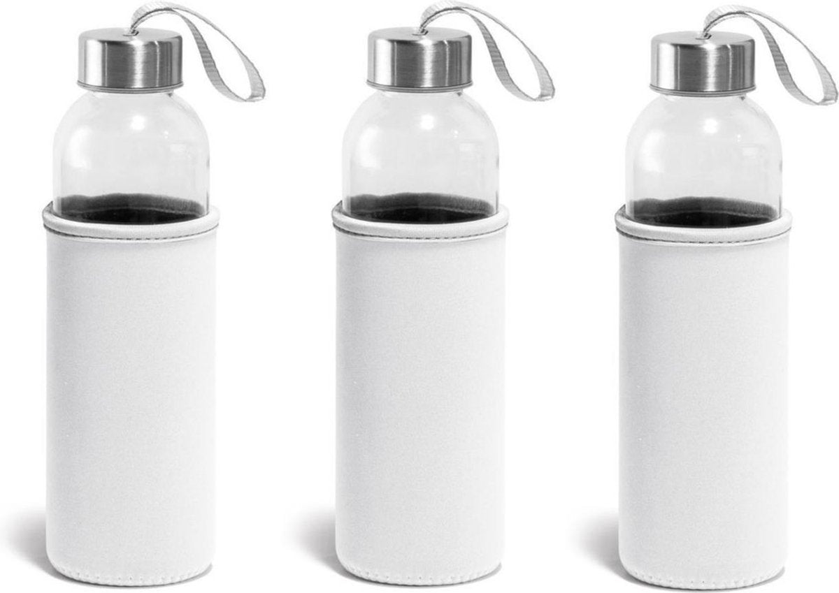 10x Glazen waterflessen/drinkflessen met witte soft shell hoes 520 ml - Sportfles - Bidon