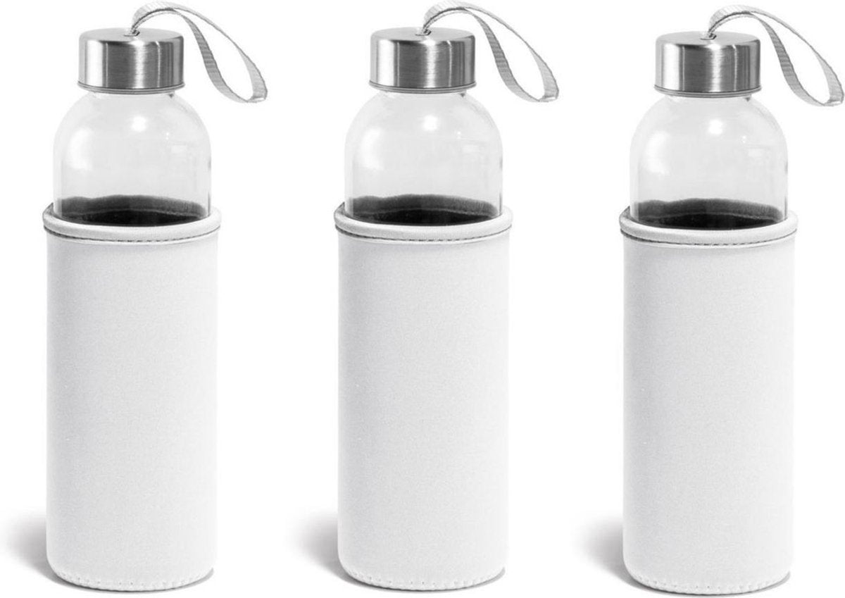 6x Glazen waterflessen/drinkflessen met witte soft shell hoes 520 ml - Sportfles - Bidon