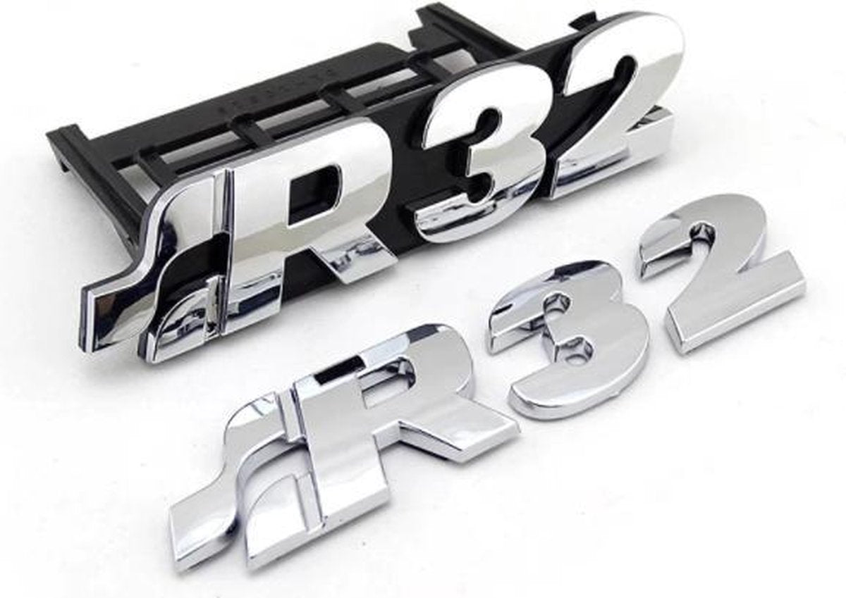Set R32 grill embleem + achterkant embleem - Golf - Polo embleem - Volkswagen - chrome