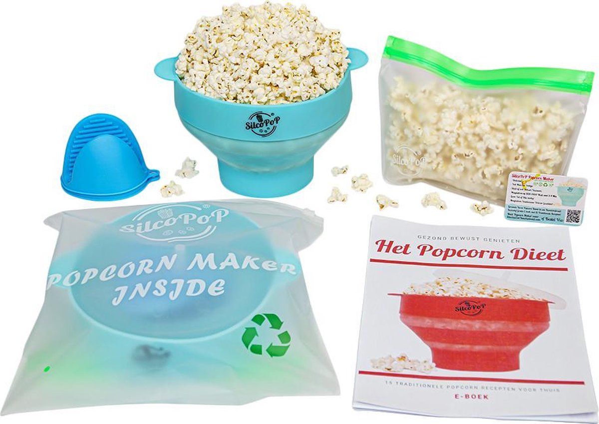SilcoPoP 4in1 Popcorn Maker Bundle Blauw - Siliconen Popcorn Popper Simpel & Opvouwbaar - Paar Hittebestendige Ovenwanten - Herbuikbare Luchtdichte Ziplock Opslag Tas - Milieuvriendelijk Verpakt - Met Gratis Recepten E Book in 3 Talen & VolumeKorting