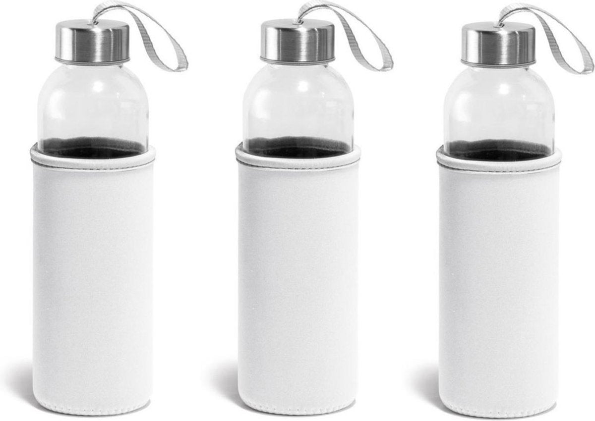 15x Glazen waterflessen/drinkflessen met witte soft shell hoes 520 ml - Sportfles - Bidon